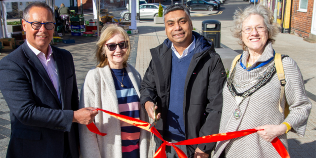Photo shows from left to right: Andy Reed OBE, LLEP co-chair, Cllr Jennifer Tillotson, lead member for economic development, regeneration and town centres, Cllr Jewel Miah, leader of Charnwood Borough Council, Cllr Jane Lennie, chair of Shepshed Town Council